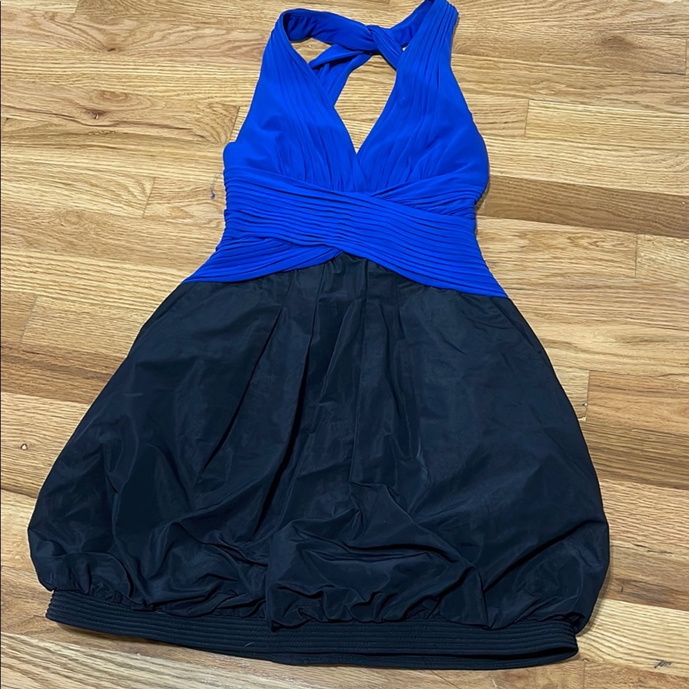 BCBGMaxAzria Blue and Black Halter Fit and Flare Dress